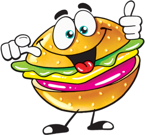 cartoon gummy burger pointing and giving thumbs up