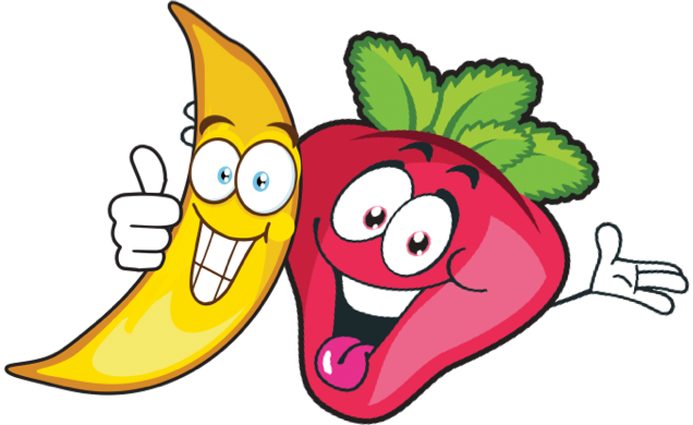cartoon banana and strawberry cheering and giving thumbs up