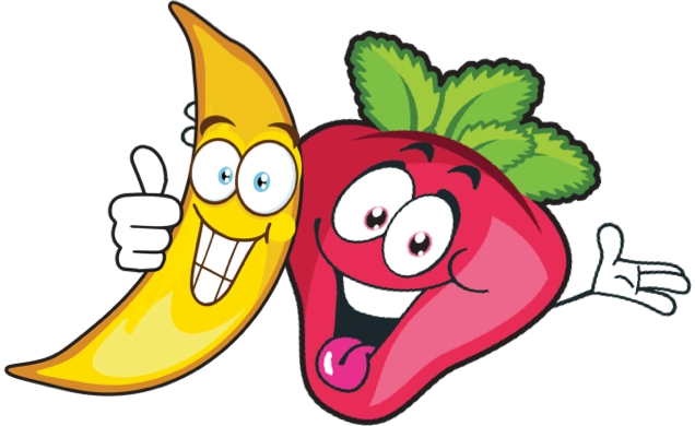cartoon banana and strawberry cheering and giving thumbs up