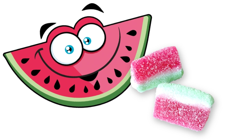 cartoon watermelon character and watermelon gummy
